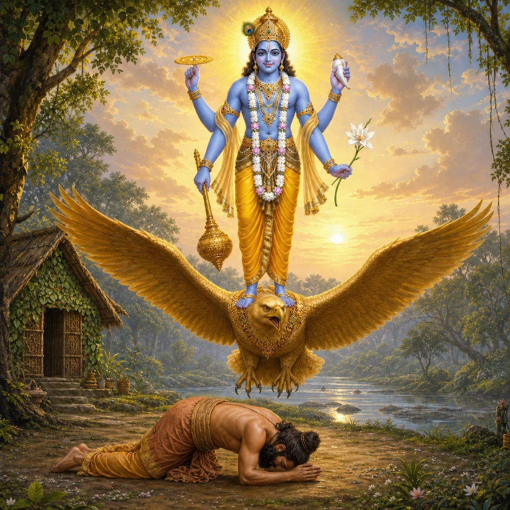 Four-armed Lord Vishnu appears upon Garuda while Kardama Muni bows on the bank of the Sarasvati — enlarged view