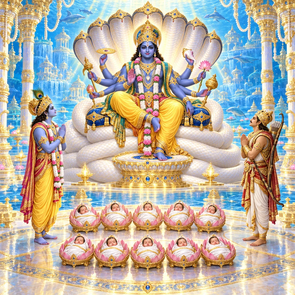 Eight-armed Mahā-Viṣṇu upon Ananta Śeṣa blesses Kṛṣṇa, Arjuna and the brāhmaṇa’s ten sons