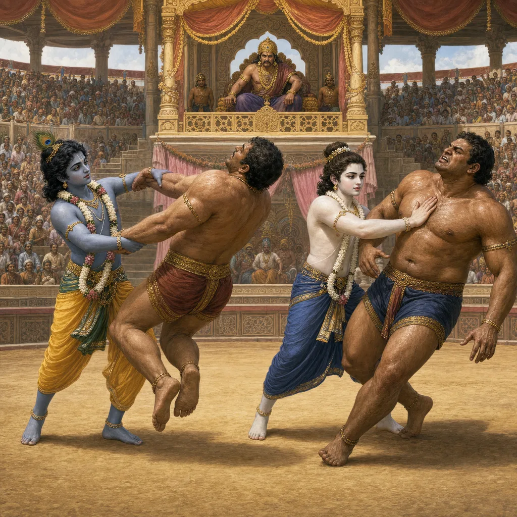Krishna swings Chanura by the arms while Balarama strikes Mushtika with His palm in Kamsa’s arena — enlarged view