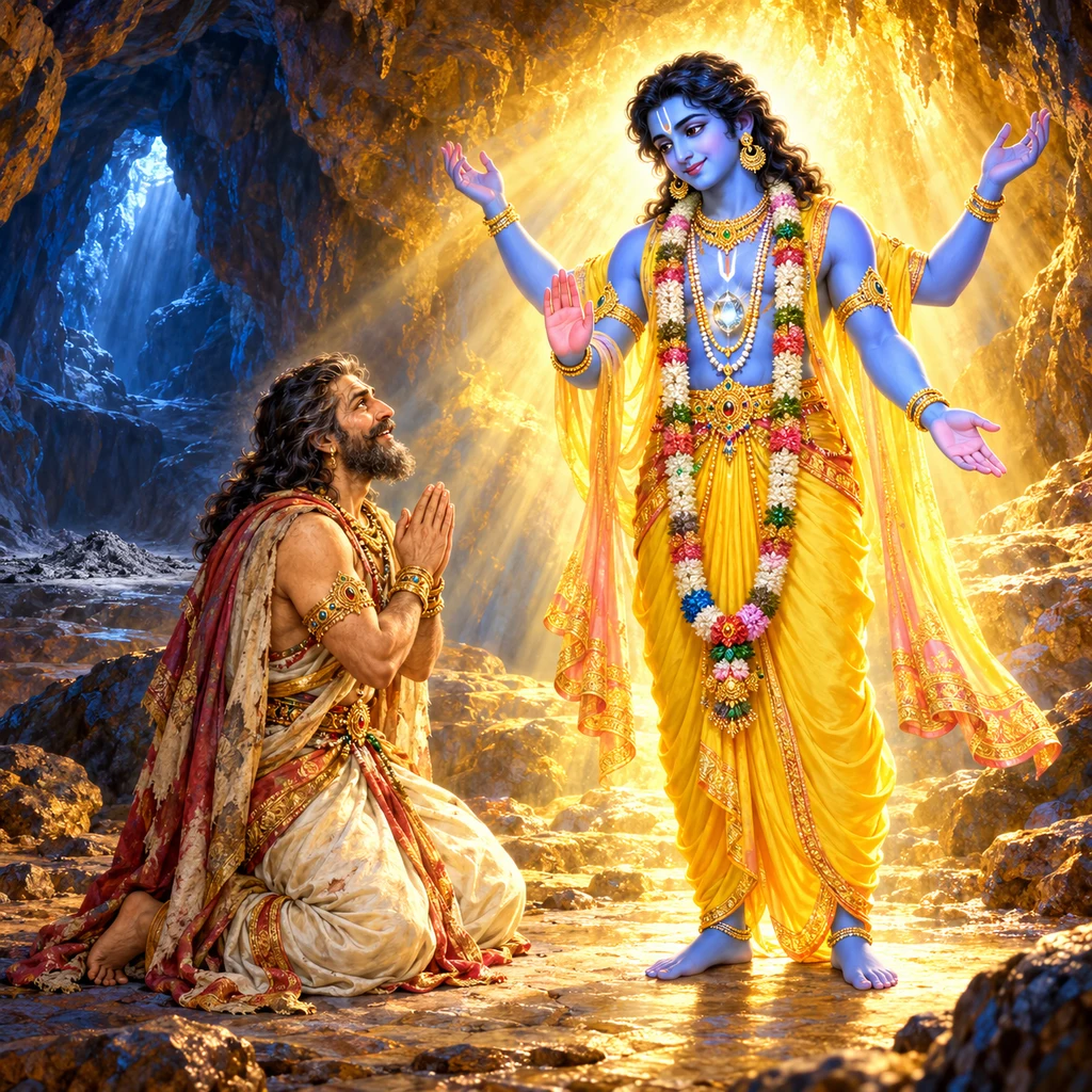 Four-armed Lord Kṛṣṇa illuminates a mountain cave as King Mucukunda bows before Him with palms joined in prayer