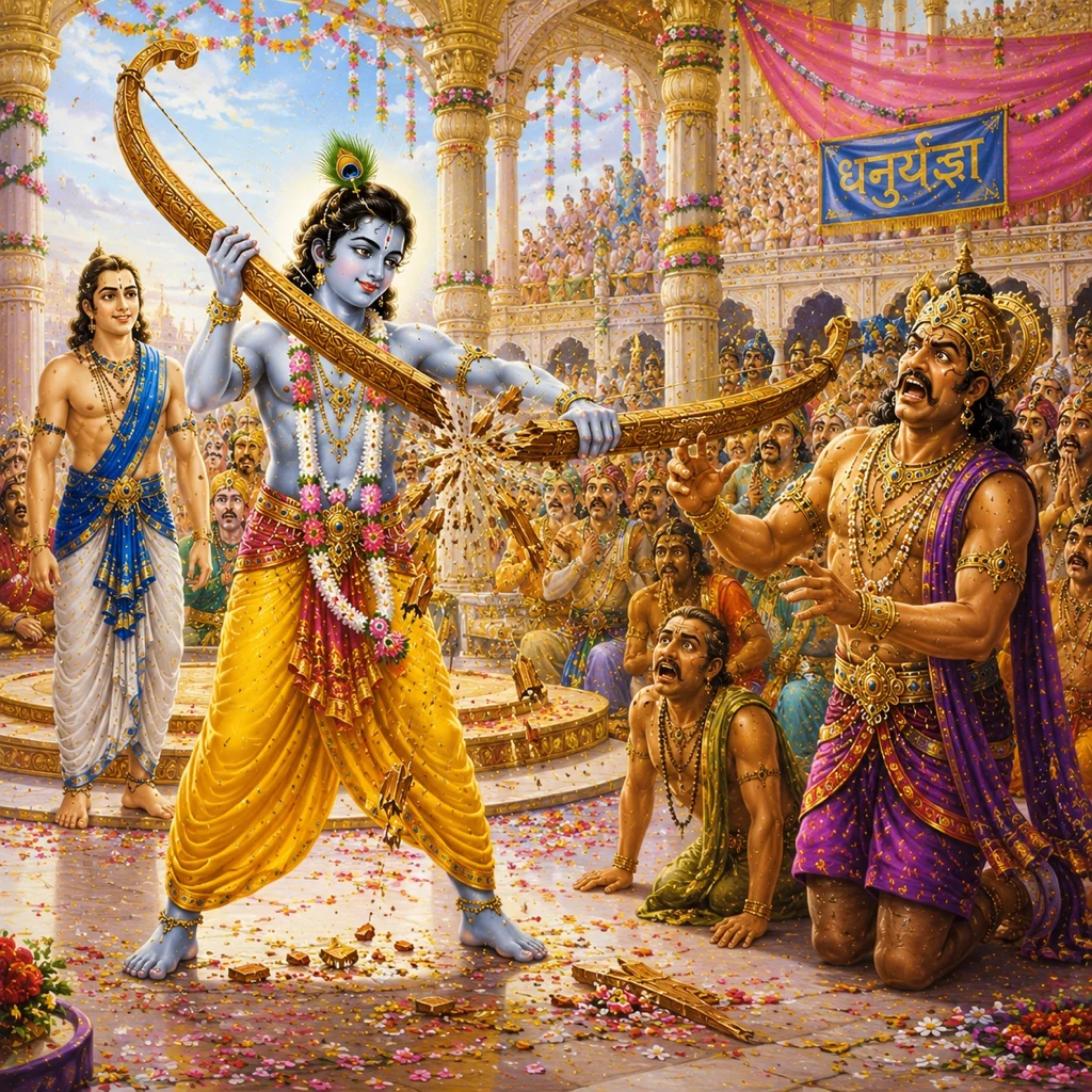 Krishna breaks the sacrificial bow in Mathura — enlarged view