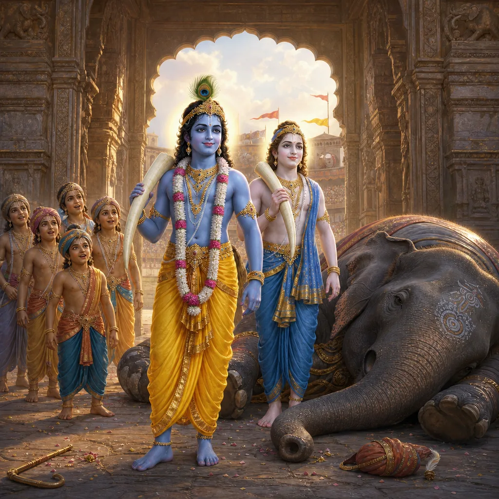 Krishna and Balarama enter the arena carrying the tusks of Kuvalayapida — enlarged view