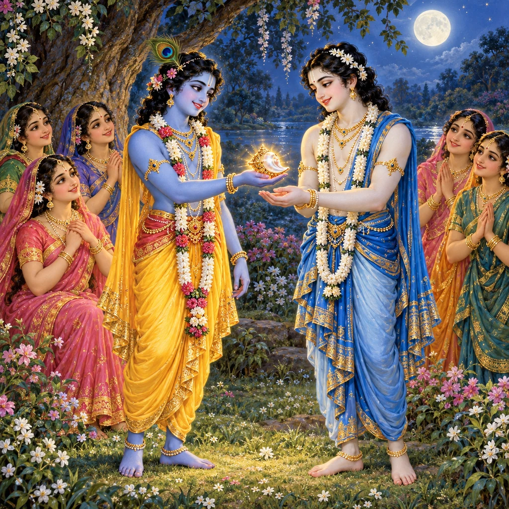Kṛṣṇa presents Śaṅkhacūḍa’s shining jewel to Balarāma before the rescued gopīs in the moonlit forest of Vṛndāvana