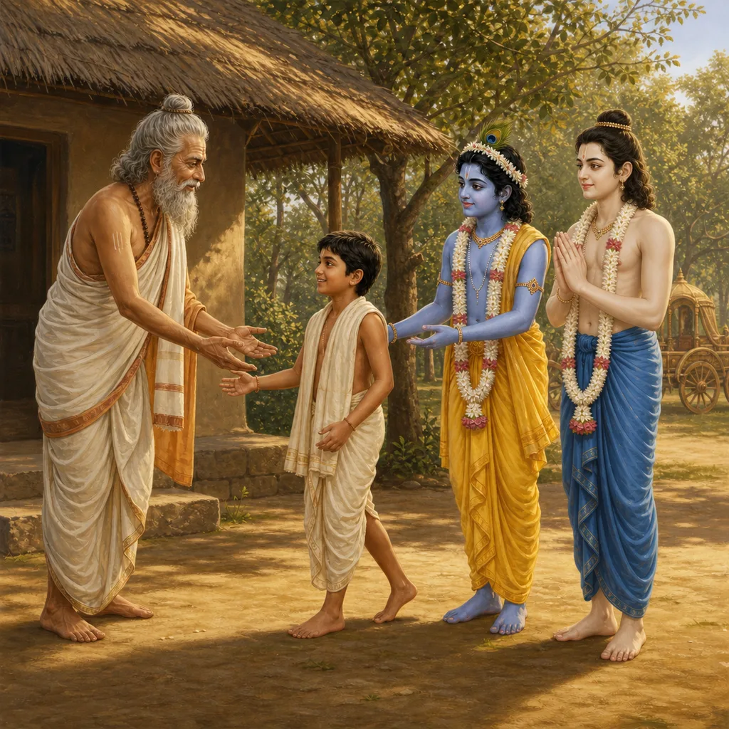 Krishna and Balarama present Sāndīpani Muni’s living son to their spiritual master — enlarged view