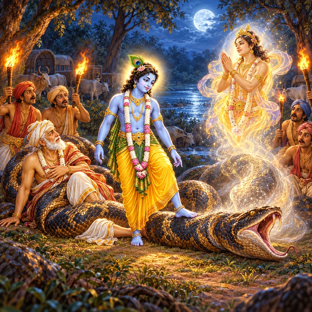 Kṛṣṇa touches a huge serpent with His foot, freeing Nanda Mahārāja and Sudarśana Vidyādhara while cowherd men hold blazing firebrands in the Ambikāvana forest at night