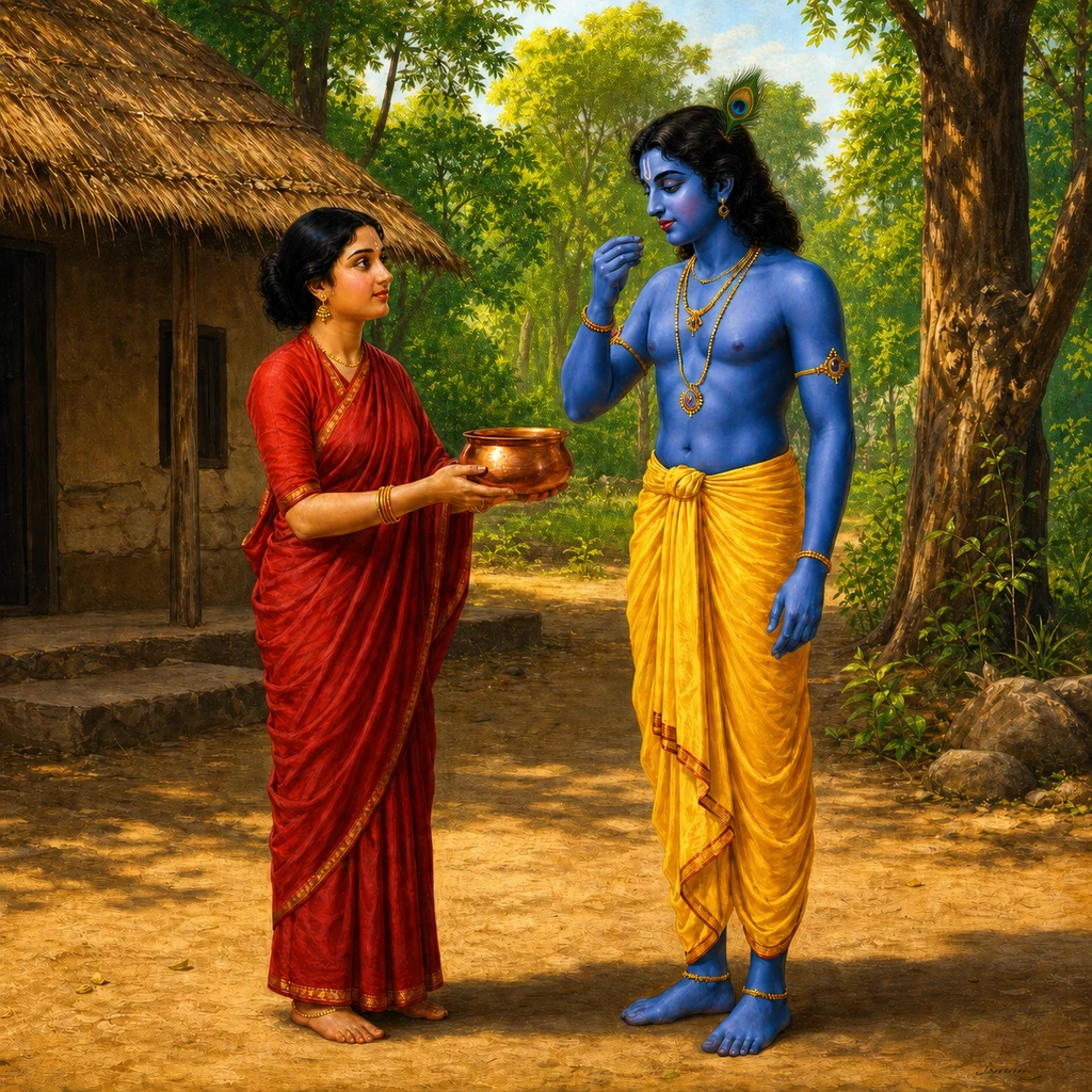 Lord Krishna accepts one tiny morsel from Draupadi’s nearly empty vessel — enlarged view
