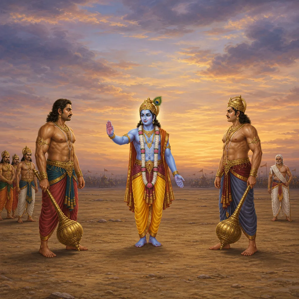 Krishna stops Bhima from killing Duryodhana unfairly — enlarged view