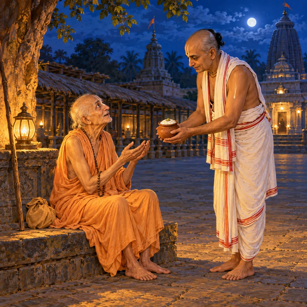 In the deserted Remuna marketplace at night, the temple priest offers Madhavendra Puri one earthen pot of sweet-rice prasada from Gopinatha