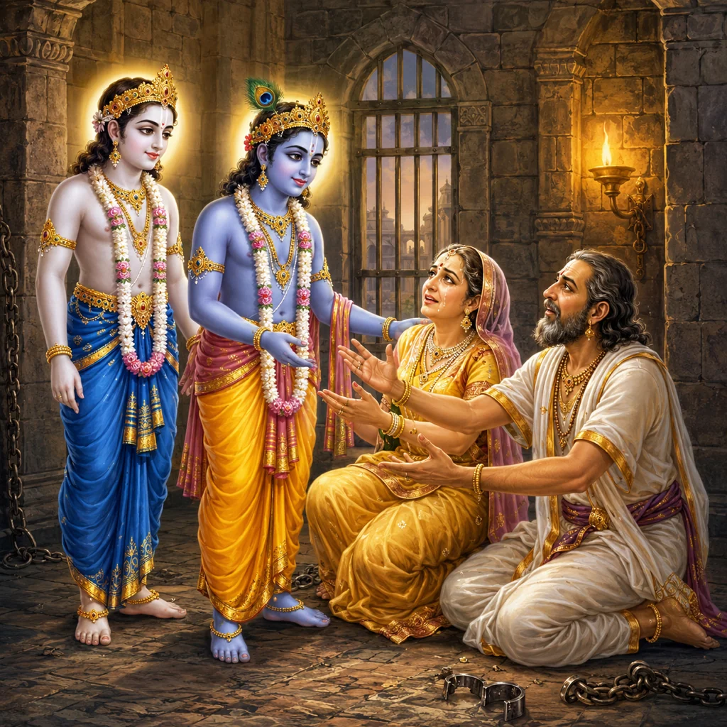Krishna and Balarama release Devaki and Vasudeva — enlarged view