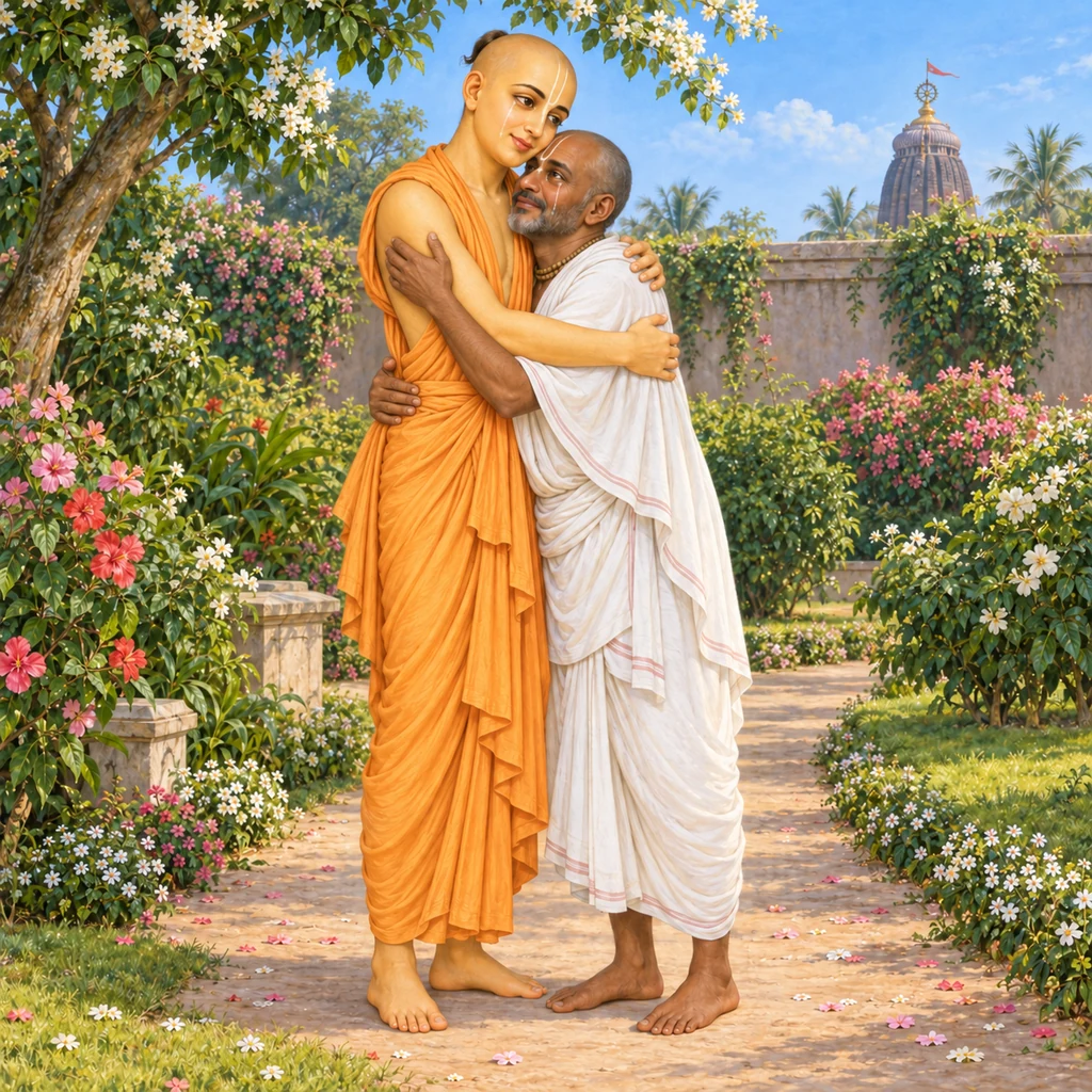 Golden Śrī Caitanya Mahāprabhu in saffron cloth embraces Haridāsa Ṭhākura in a flowering garden at Jagannātha Purī