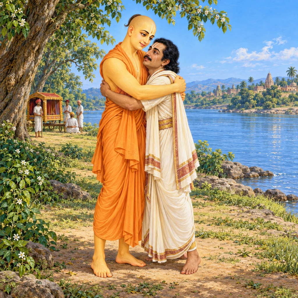 Golden Lord Caitanya in saffron cloth embraces Ramananda Raya on the bright bank of the Godavari
