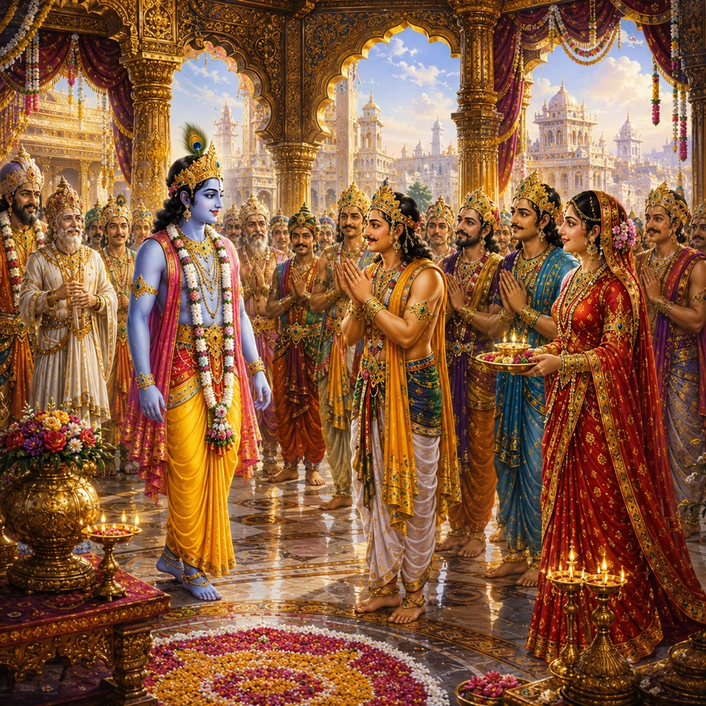 Lord Krishna visits Indraprastha and is received by the Pandavas — enlarged view
