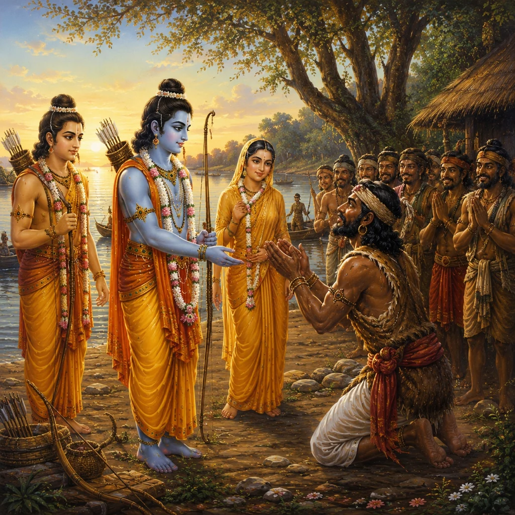 Lord Rama meets Guha by the Ganga — enlarged view