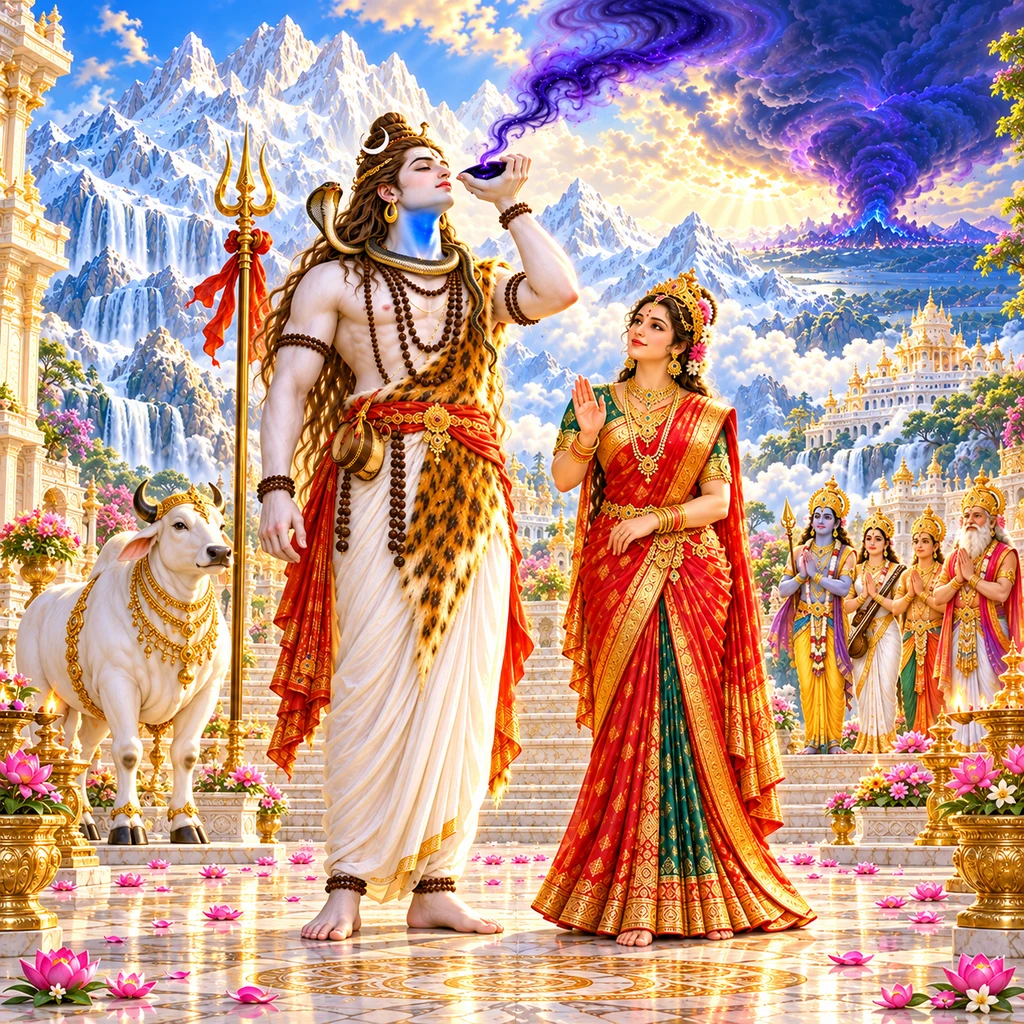 Blue-throated Lord Śiva holds the hālāhala poison in his palm while Bhavānī stands calmly beside him, knowing his power