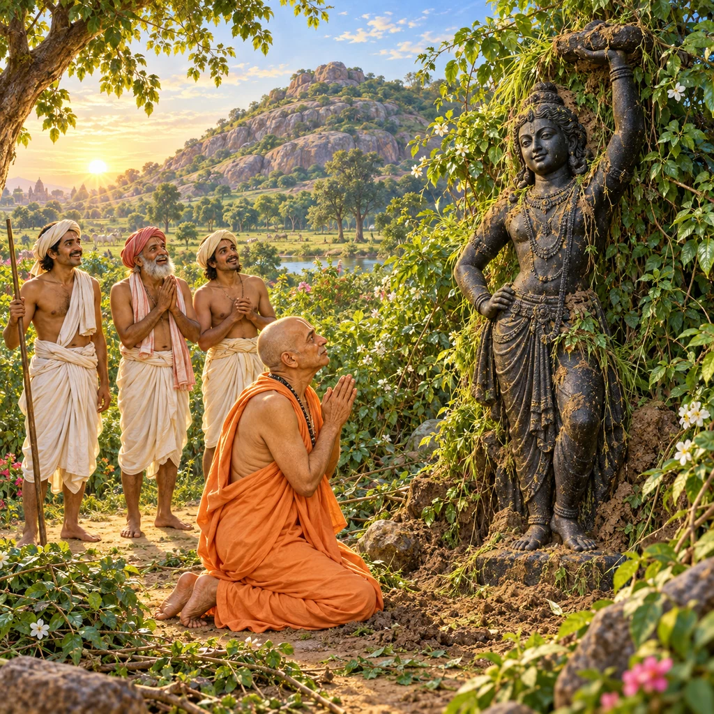 Madhavendra Puri and Vraja villagers discover the Deity of Gopala covered with earth and grass in a Govardhana thicket