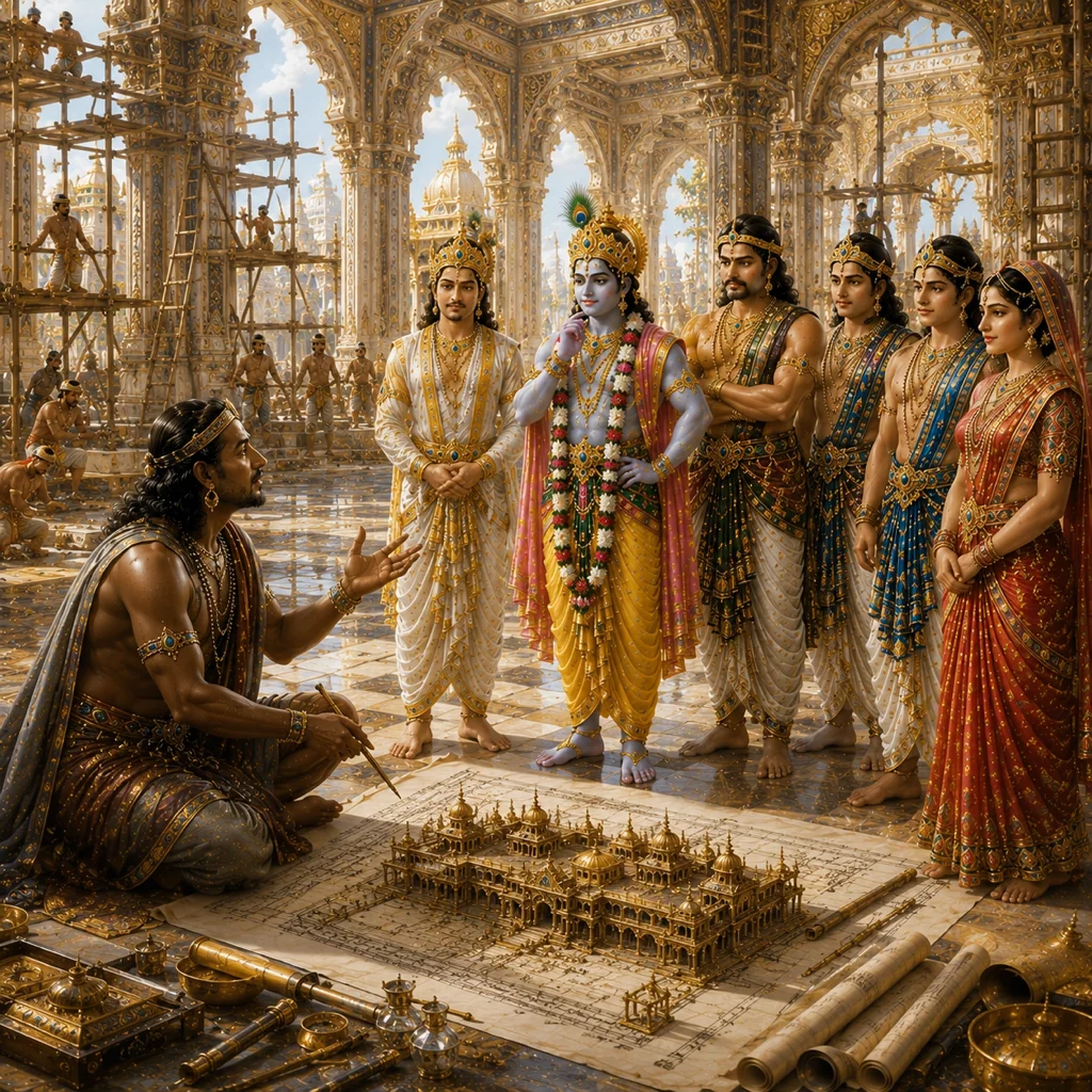 Maya-danava builds the assembly hall — the wondrous Maya-sabha of Indraprastha — enlarged view