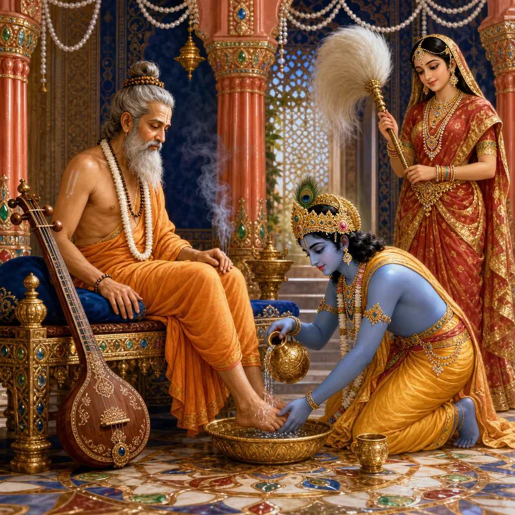 Lord Krishna washes Nārada Muni’s feet in Rukmiṇī’s palace at Dvārakā — enlarged view