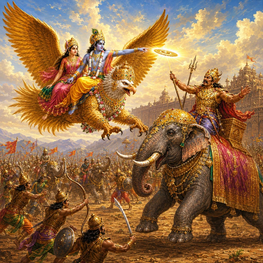 Narakasura-vadha-lila — Lord Krishna kills Narakasura and restores divine order — enlarged view
