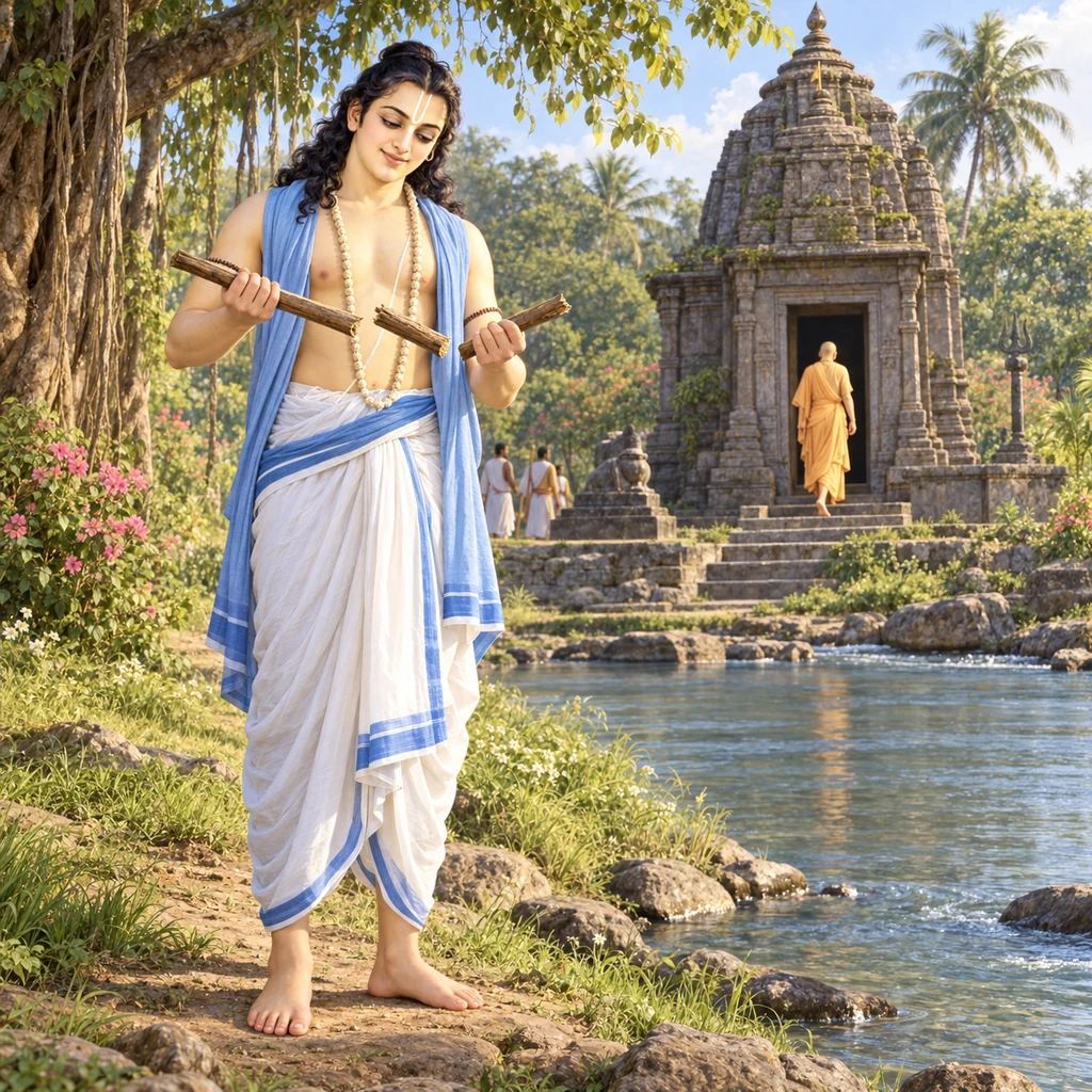Nityānanda Prabhu stands beside the Bhārgī River holding the sannyāsa staff broken into three pieces as Śrī Caitanya Mahāprabhu enters the temple of Kapoteśvara