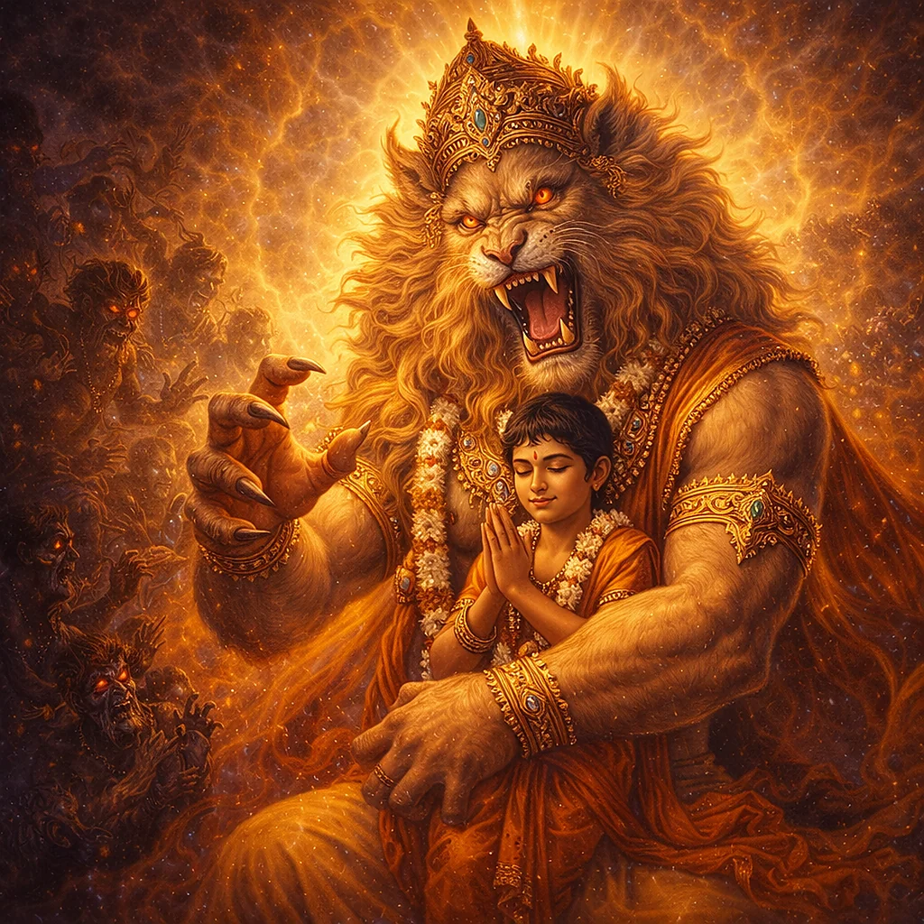 Nṛsiṁha protects Prahlāda — enlarged view