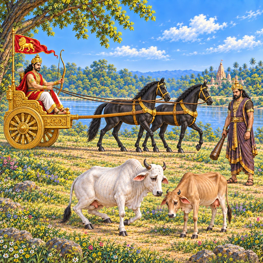 Parikshit with a bow on a golden chariot drawn by black horses; nearby are white Dharma with injured folded legs, Earth as a cow, and Kali with a club