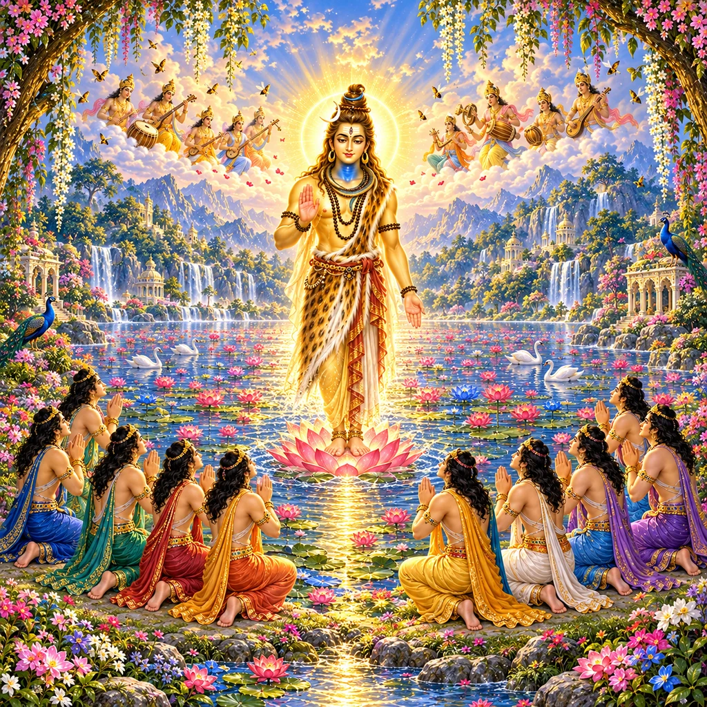 Golden-lustrous, blue-throated, three-eyed Lord Śiva appears at the lotus lake before the ten Pracetās, who stand and kneel with folded palms