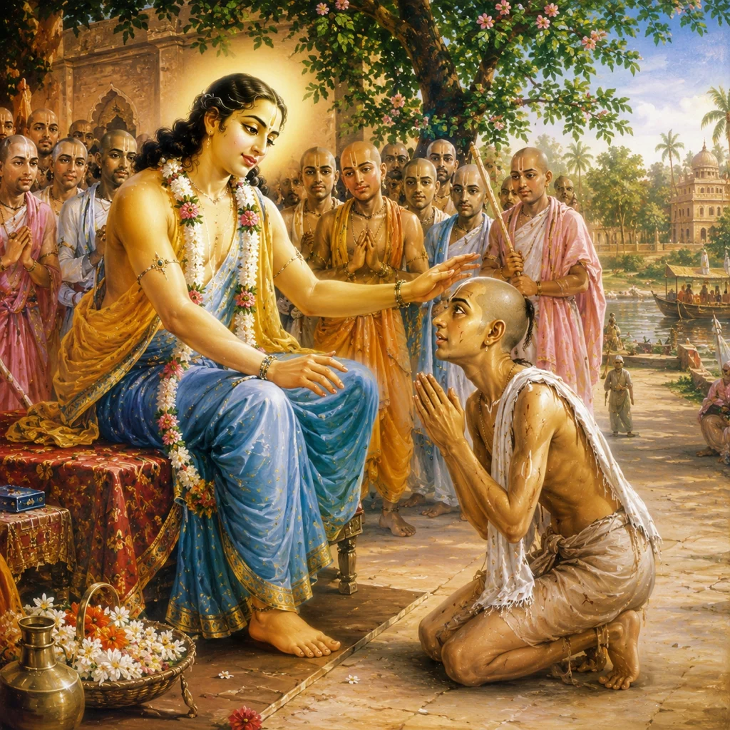Raghunatha Dasa Goswami receives the mercy of Nityananda Prabhu — enlarged view