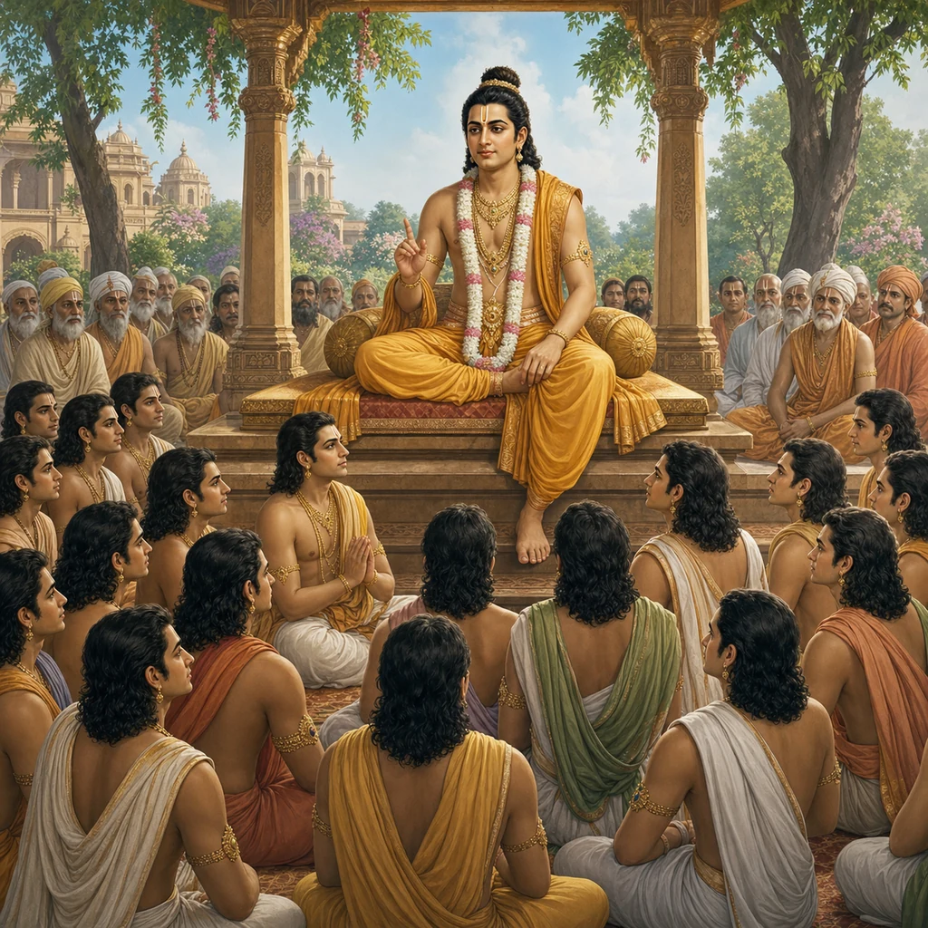 Lord Rishabhadeva instructs His attentive adult sons before sages and citizens at Brahmavarta — enlarged view