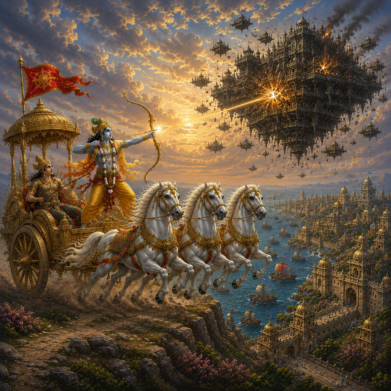 Lord Krishna destroys Salva and the flying Saubha city — enlarged view