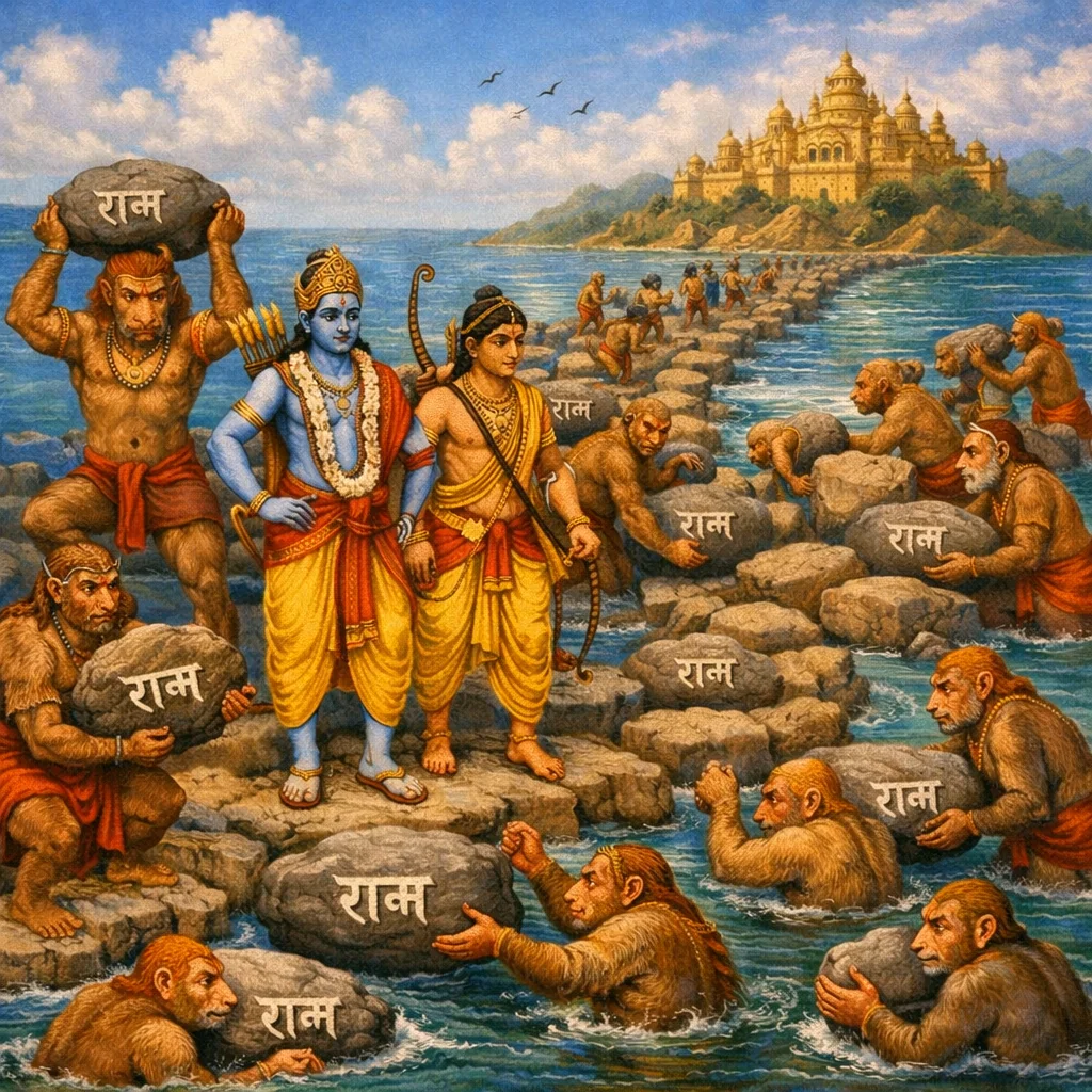 Setu‑bandhana‑līlā — Lord Rāma builds the bridge to Laṅkā — enlarged view