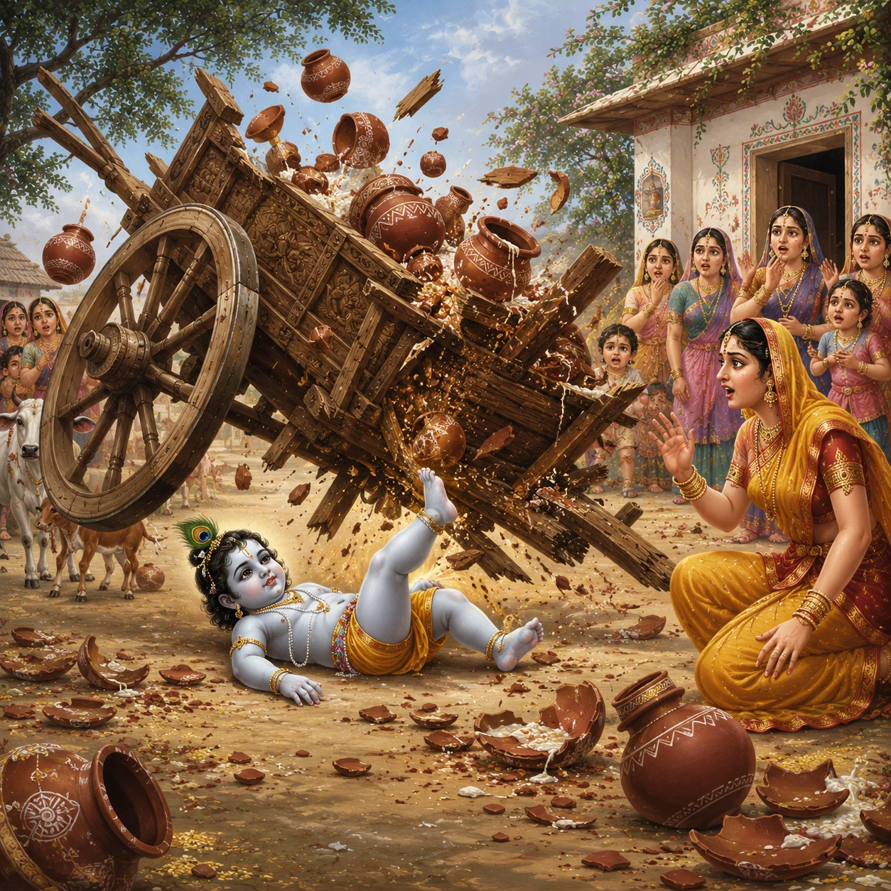 Baby Krishna breaks the cart demon Shakatasura — enlarged view