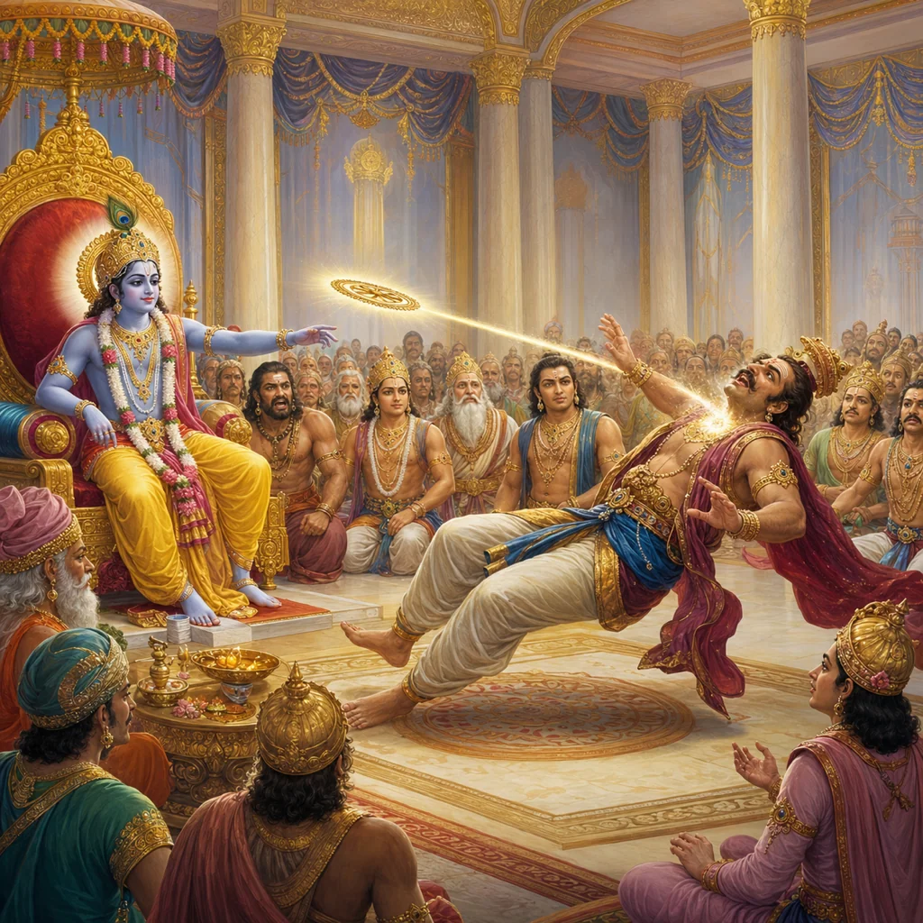 Lord Krishna slays Shishupala at the Rajasuya sacrifice — enlarged view