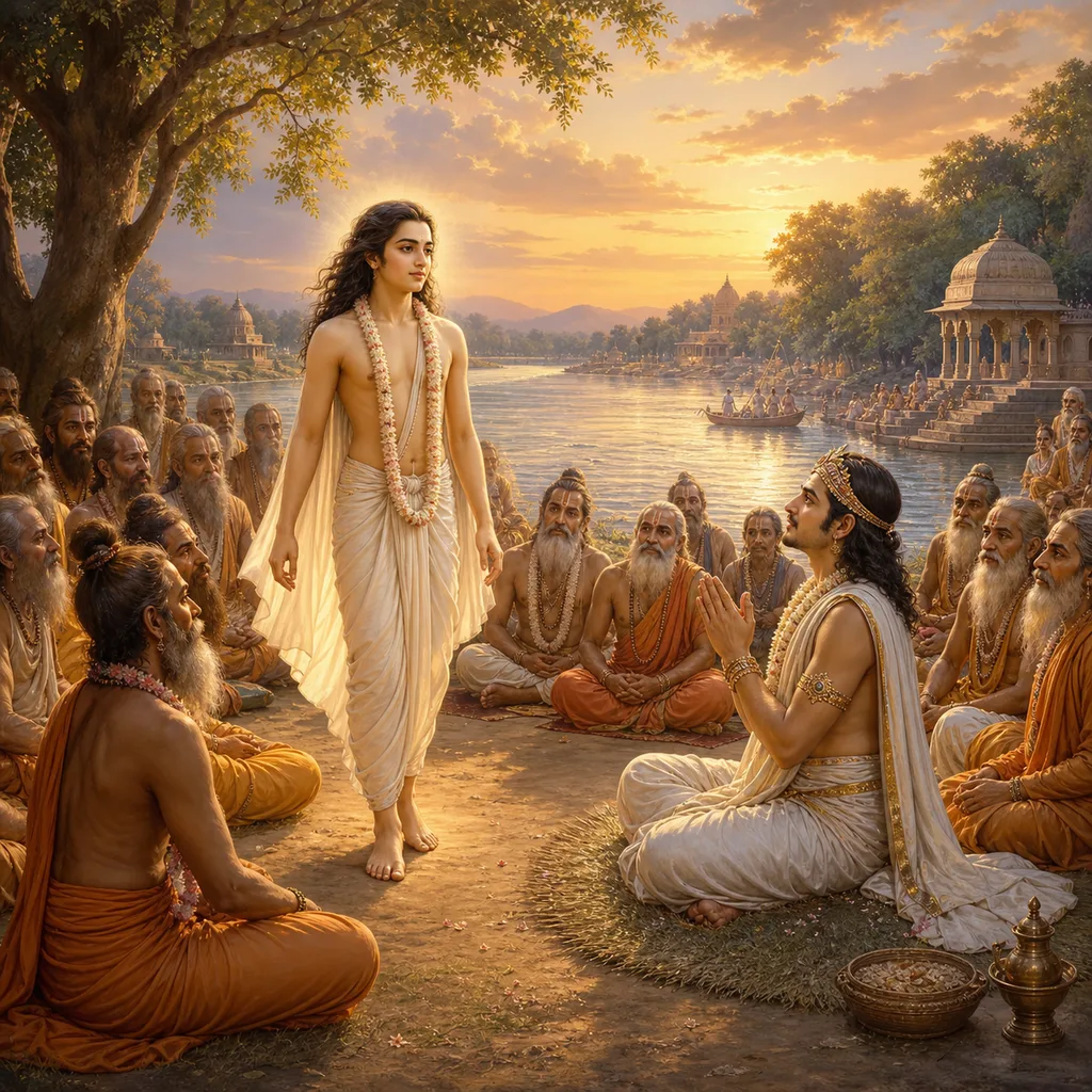 Shukadeva comes to Parikshit on the bank of the Ganga — enlarged view