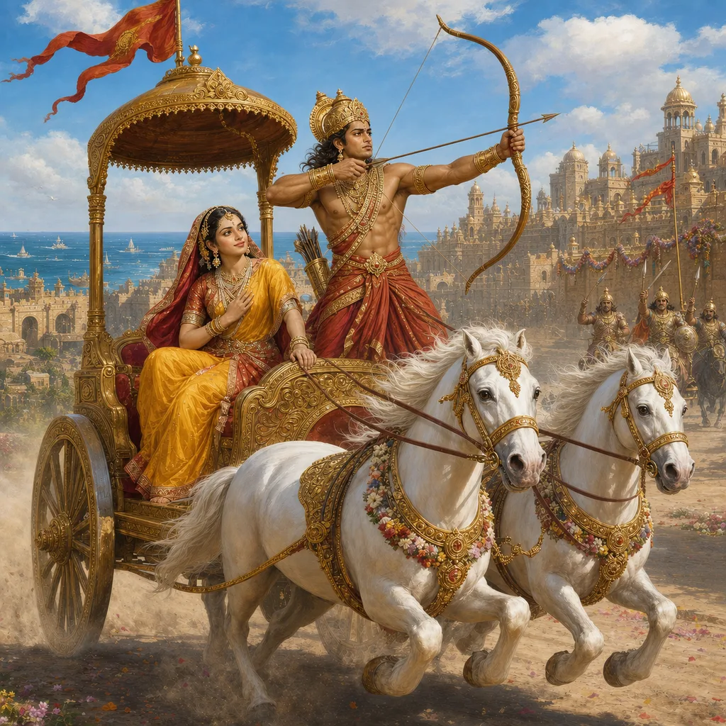 Arjuna carries the willing Subhadrā away from Dvārakā by chariot and drives back the pursuing guards — enlarged view