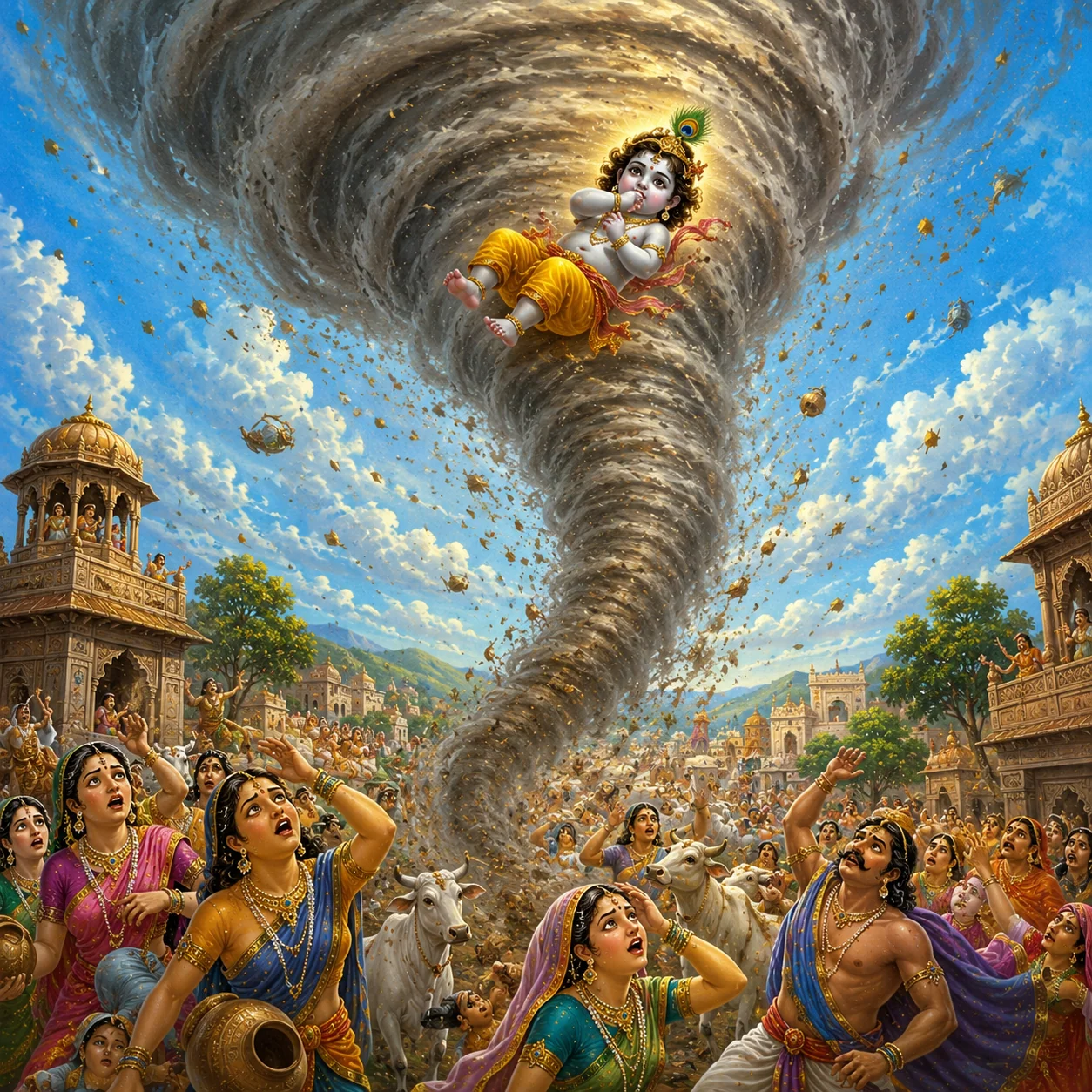 Trinavarta carries away baby Krishna — enlarged view