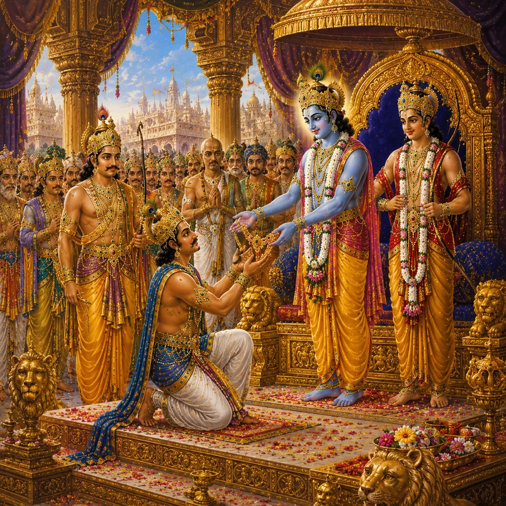 Lord Krishna restores King Ugrasena to the throne — enlarged view