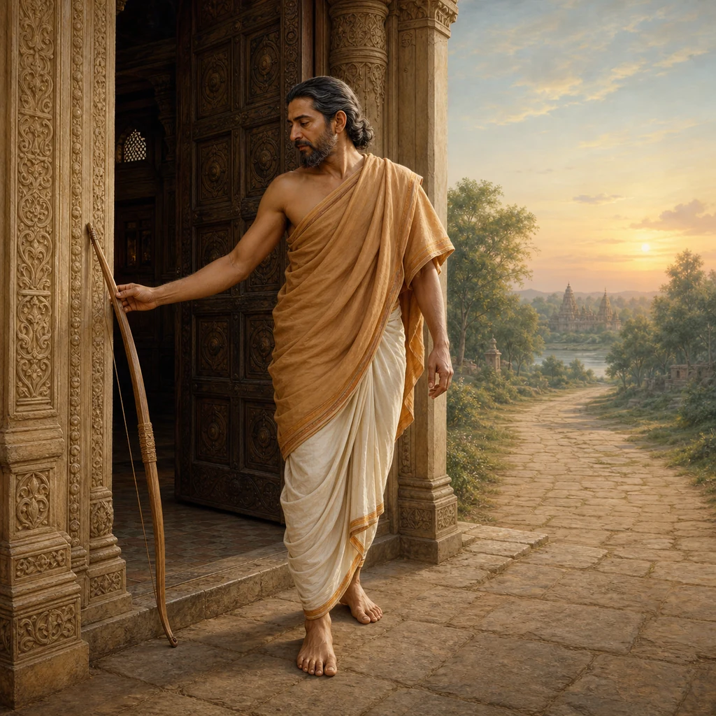 Vidura calmly leaves his single bow at the palace doorway and steps onto the road from Hastinapura — enlarged view