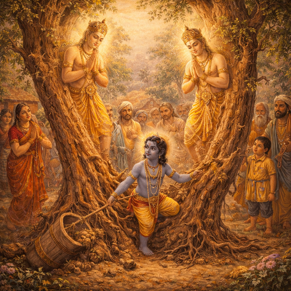 Yamalārjuna-bhaṅga līlā — enlarged view